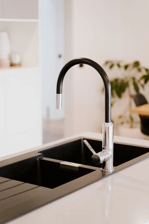 Mitigeur de cuisine moderne avec évier en acier inoxydable